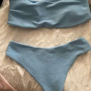 baby blue two piece high waisted bottom & bandeau top